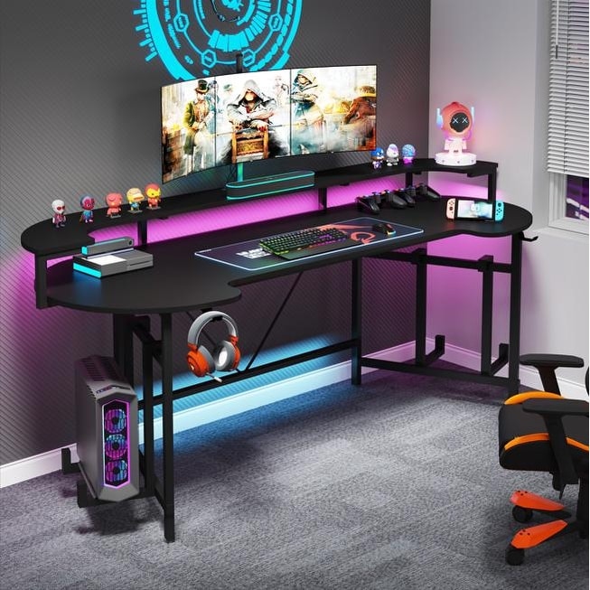 75 Inch Gaming Desk with LED Lights, Large Computer Desk with Monitor Stand and Headphone Hook