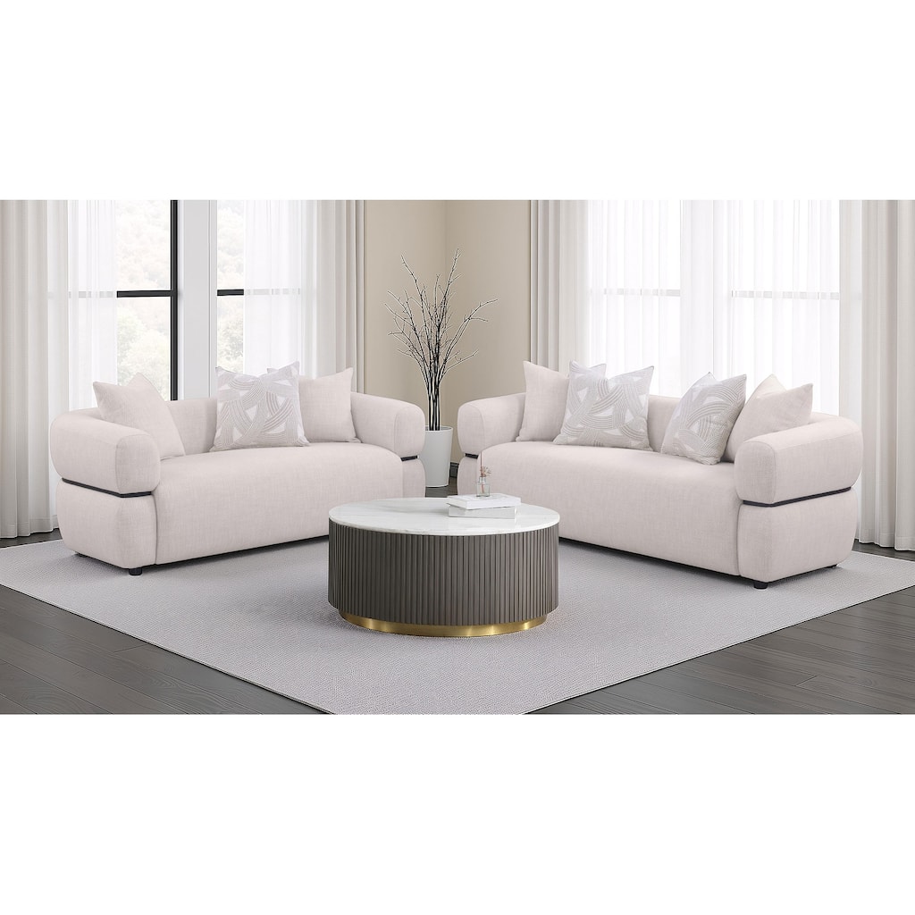 Jeanette Fabric Upholstered Round Arm Sofa Set Beige