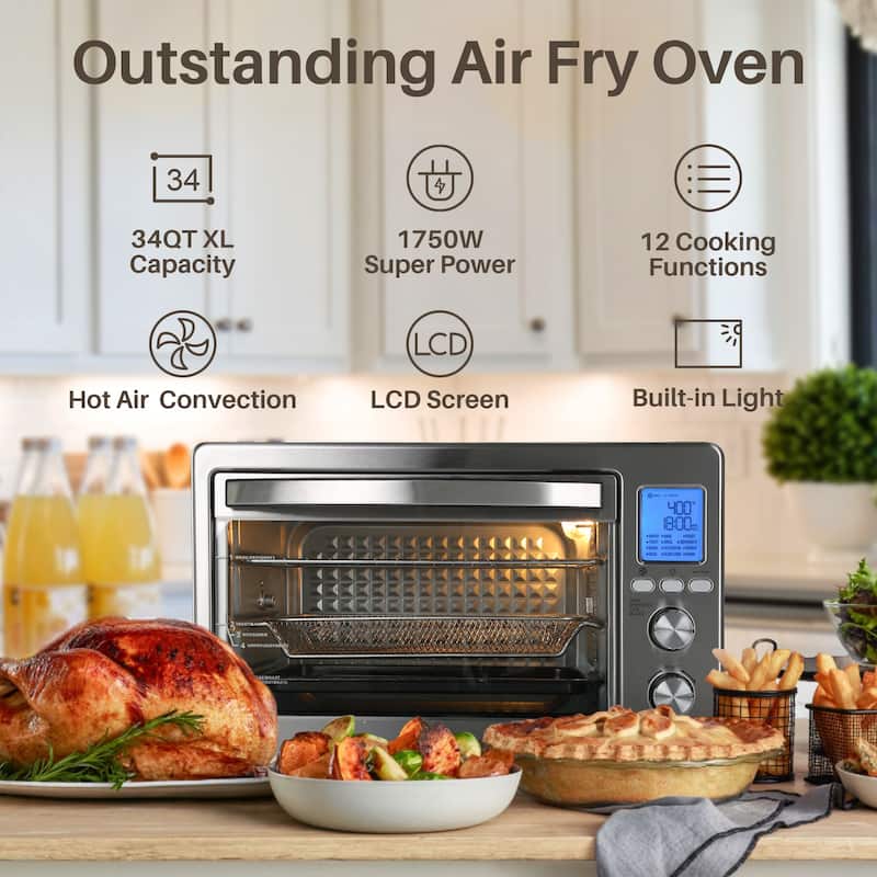 LNC 12-In-1 Large 34QT Countertop Toaster Oven Convection Rotisserie Air Fryer - 19.5" L x 15" W x 12.5" H