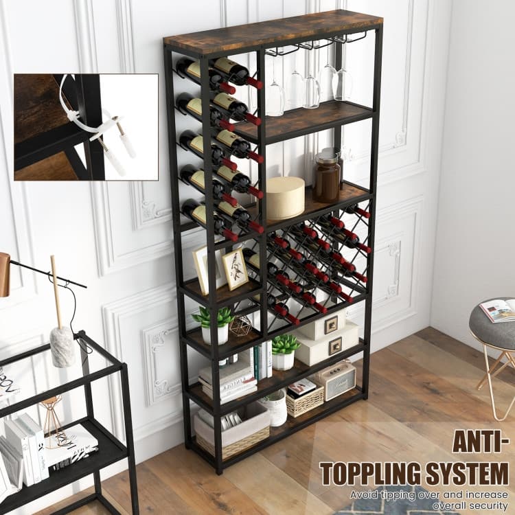 Industrial Floor Wine Rack with 3 Rows of Stemware Racks - 32" x 9" x 65.5"