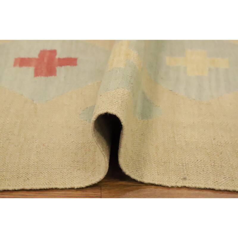 Hand Woven Oriental 100% Wool Carpet Southwestern Modern Beige & Ivories Kilim Area Rug - 9' 1'' X 5' 11''