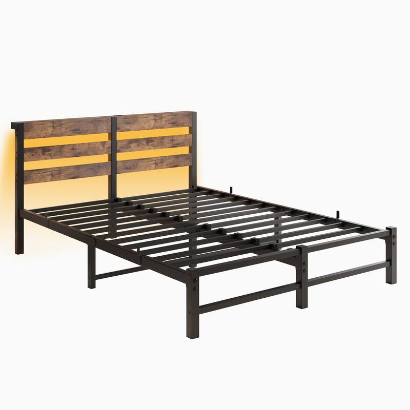 Queen Size Modern Metal Bed with Wooden Headboard, RGB Lights & Storage Shelf