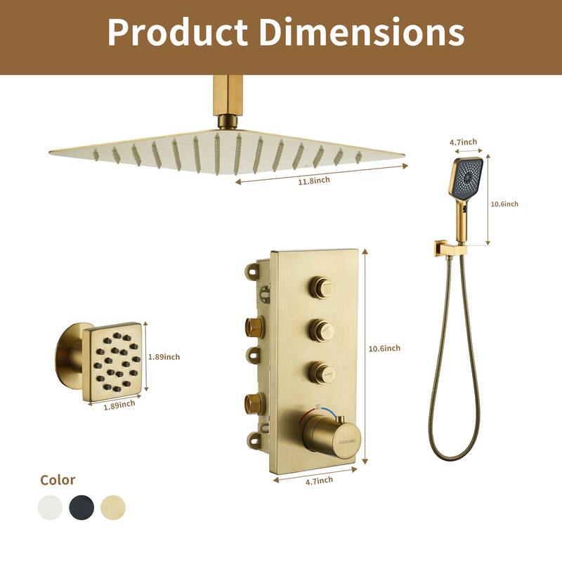 3-Function 12-Inch Ceiling-Mounted Thermostatic Shower System in Brushed Gold with Square Shower Head