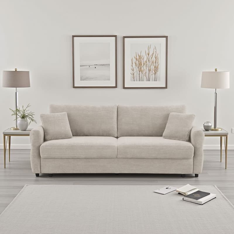 Isy Sofa with Pull Out Sleeper, Removable Cushions, 2 Pillows, Beige