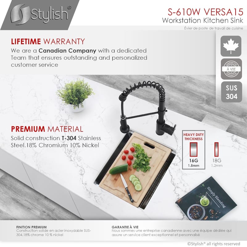 STYLISH 15 inches L x 19 inches W Single Bowl Undermount 16G Stainless Steel Kitchen Sink with Built in Accessories Handmade