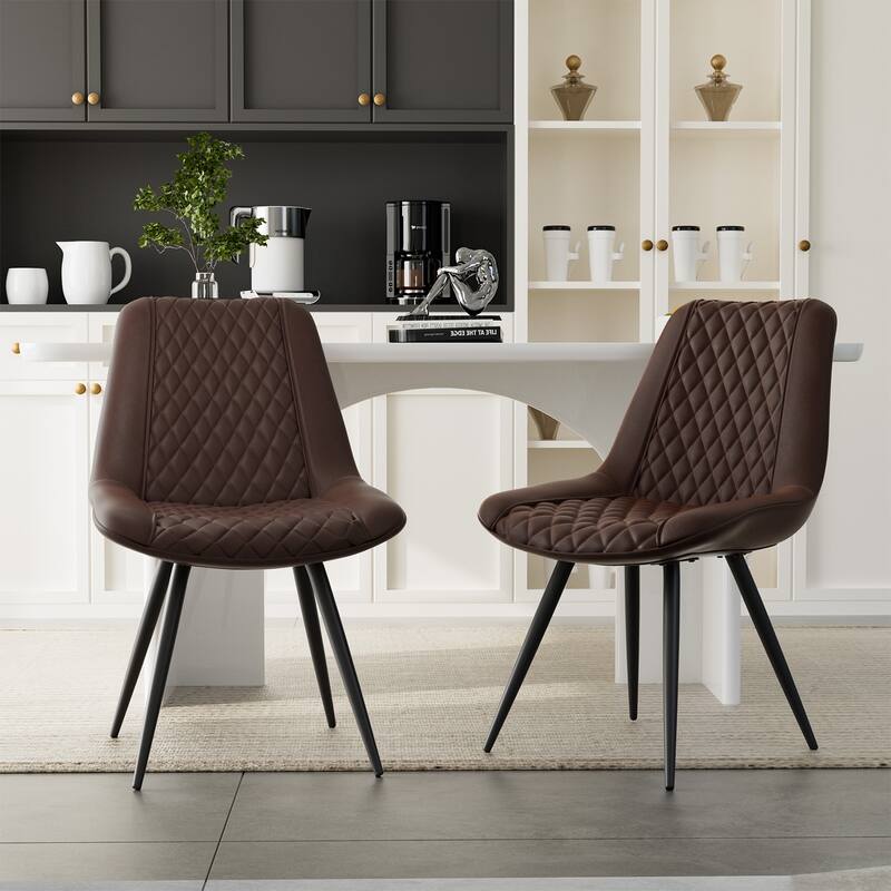 Modern Dining Chairs Set of 2, Top PU Leather Upholstered Dining Room Chairs with Metal Legs, Ergonomic Kitchen Chairs - Dark Brown