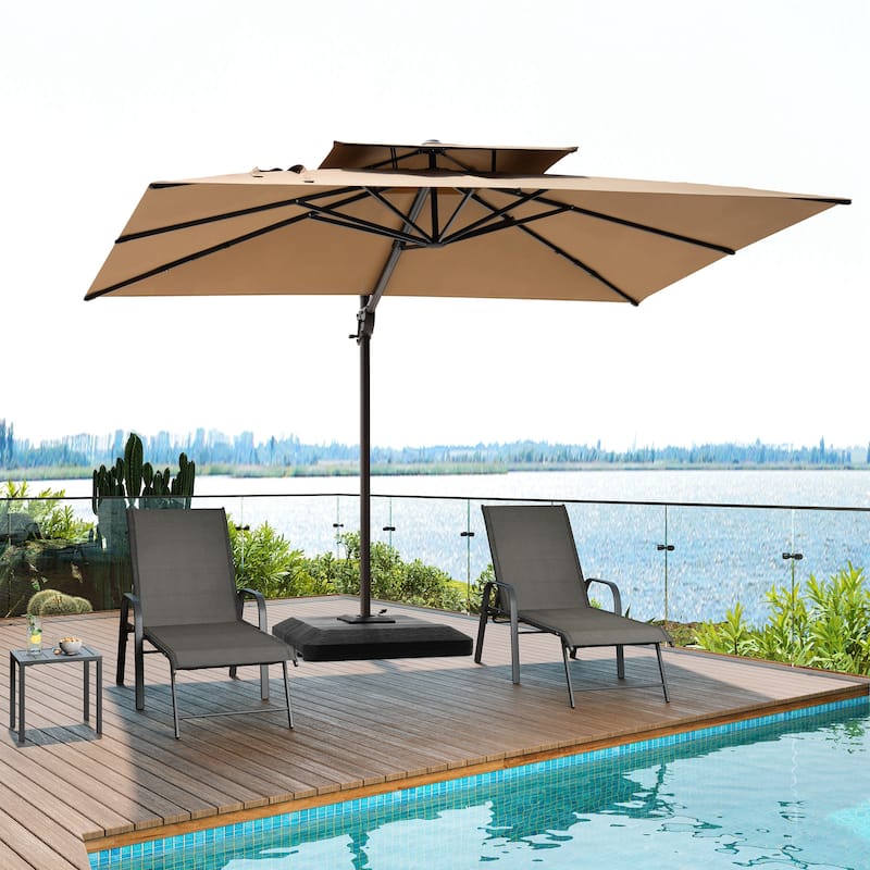 Pellebant 9X11FT Outdoor Dual Top Patio Umbrella Cantilever Offset with Base - Tan