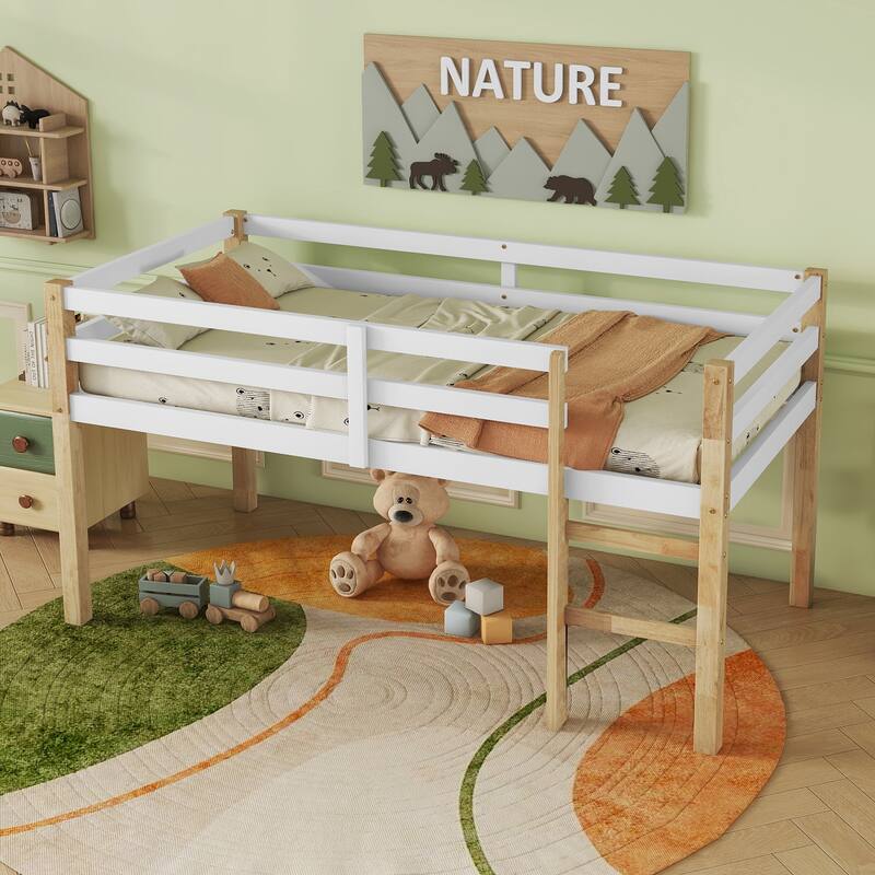 Twin Loft Bed in Natural-white with Rubber Wood Frame, Ladder, and Strengthened Slats for Maximum Support