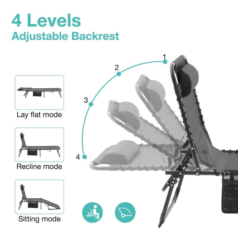 Folding Chaise Lounge Pool Chair Set of 2, Patio Sun Tanning Chair, Outdoor Lounge Chair with 4-Position Reclining Back