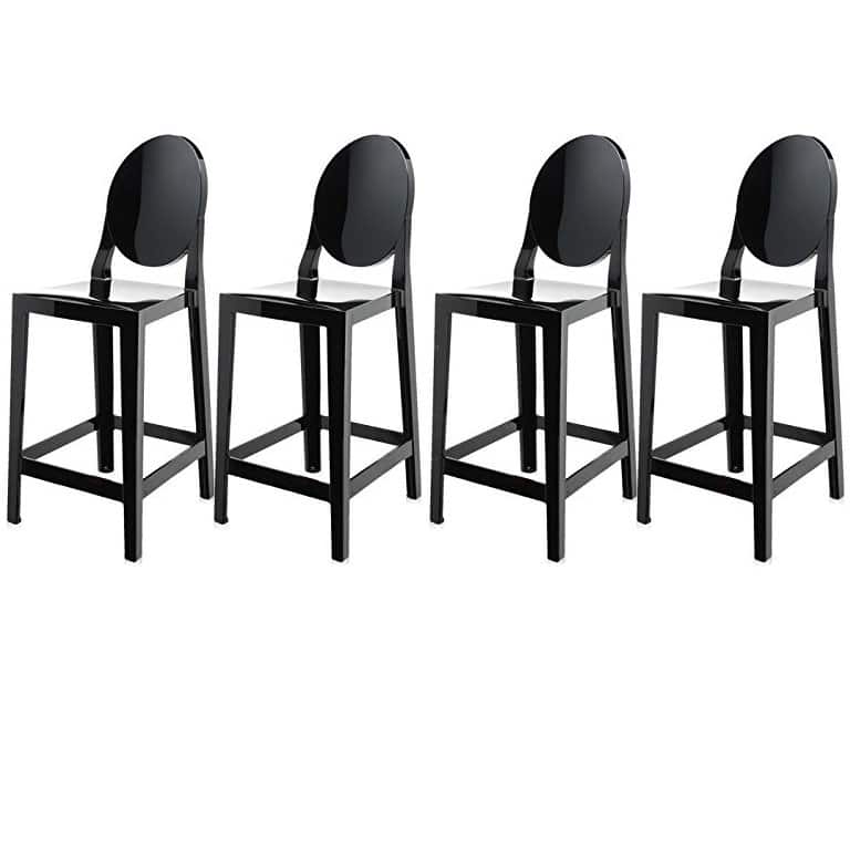 Set of 4 25" Seat Bar Stool Counter Height With Backs Plastic High Chairs Dining Molded Kitchen Transparent - Black