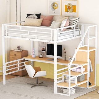 Full Size Metal Loft Bed with Multifunctional Storage, White