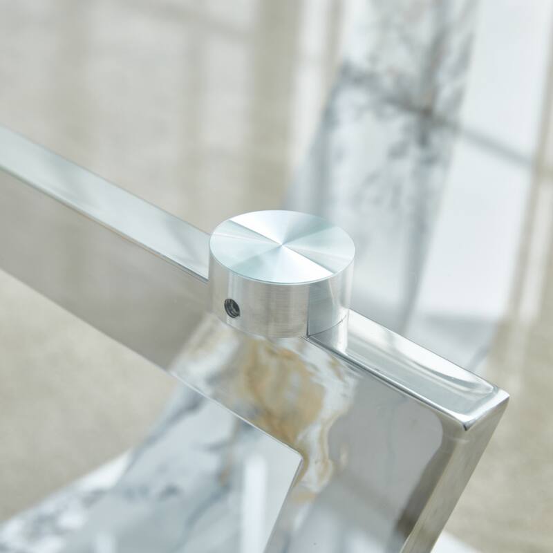 glass coffee table with marble patterned MDF legs and stainless steel decorative columns