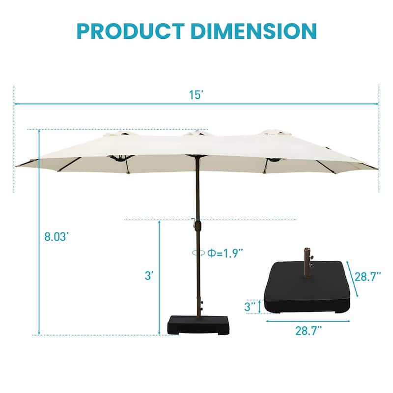 Aoodor 15ft Outdoor Double Sided Market Patio Umbrella with Base Stand