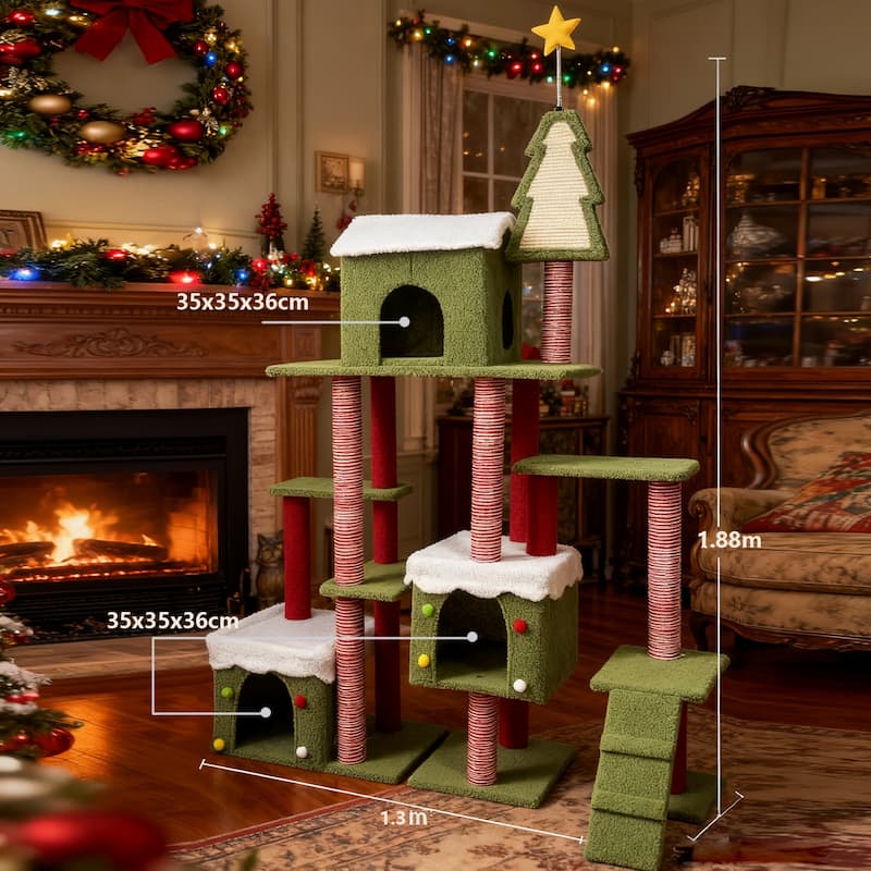 Wide Christmas Cat Tree Tower for Indoor Cats - Red