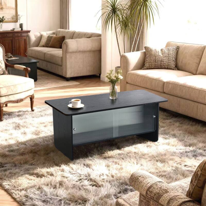 47" Black Rectangular Minimalist Coffee Table with Glass Sliding Door Storage - Black