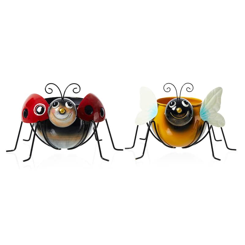 Glitzhome 10"W Set of 2 Metal Bee and Ladybug Statue Planter with Drainage Hole
