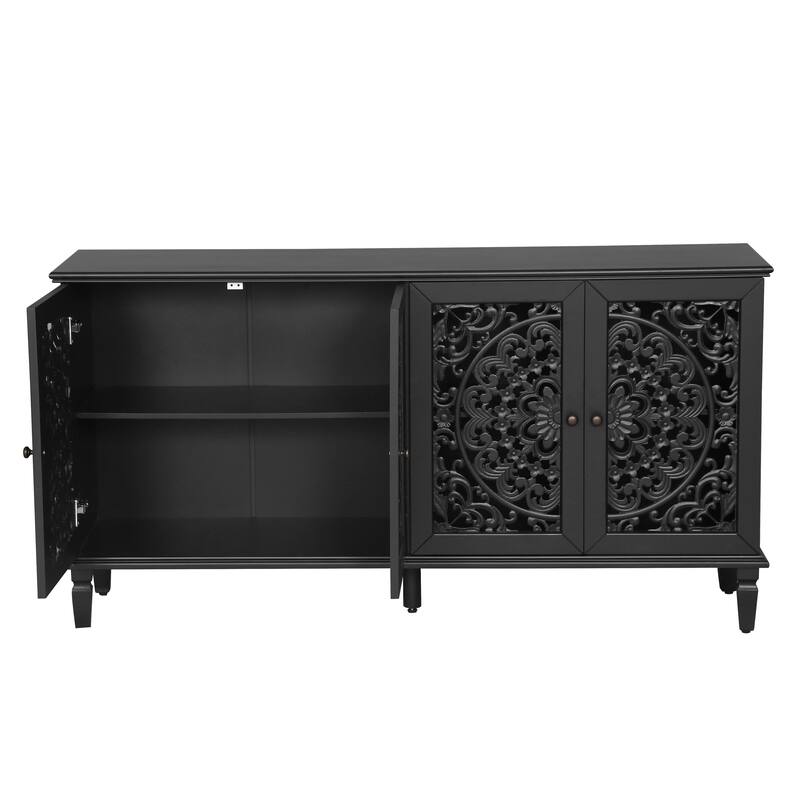 Roomfitters 60" Antique Buffet Cabinet, Floral Carved 4-Door Sideboard with Solid Wood Legs & Brass Handles
