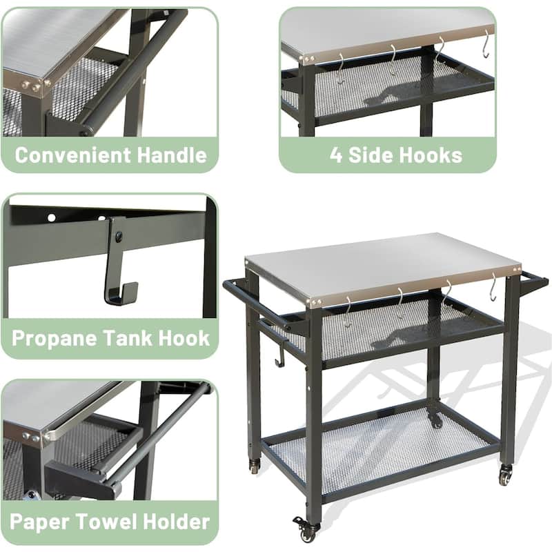 GDFStudio - Kendrick 3-Tier Outdoor Grill Table with Rolling Wheels and Multifunctional Prep Surface