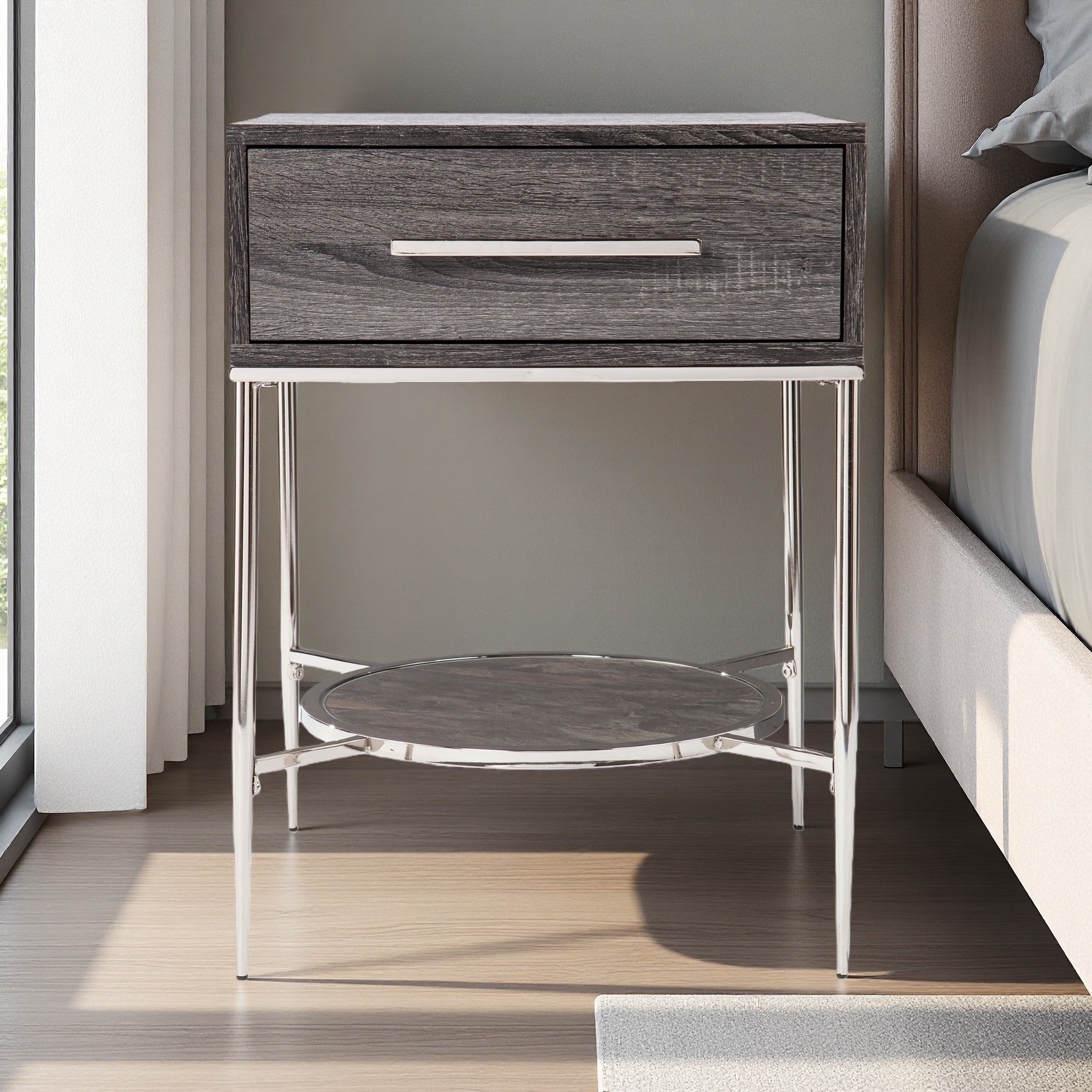 19.25"L Square Nightstand with Storage Drawer and Faux Marble Shelf, Multifunctional Bedside End Table for Bedroom Living Room