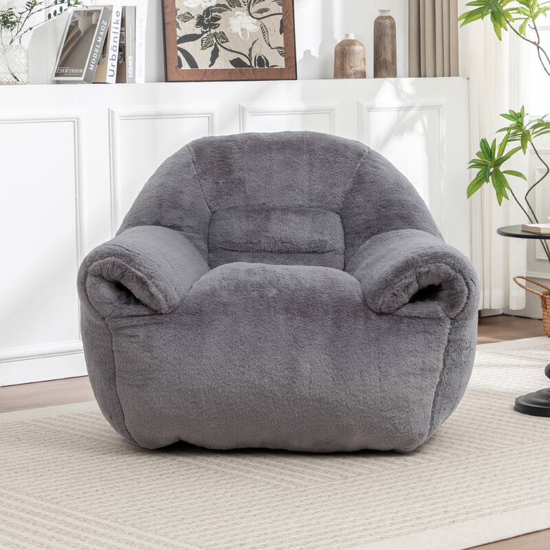 Faux Fur Bean Bag Chair with Back Support & Footstool - Comfy Floor Sofa for Adults & Kids, Living Room, Bedroom (2 Options) - Grey