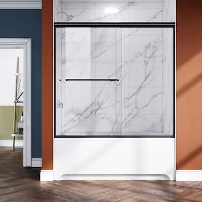 Elegant Double Sliding Shower Doors Screens for Bathtub in Black Finish with 1/4" Clear Glass 60" W x 57" H - 60'' x 57''