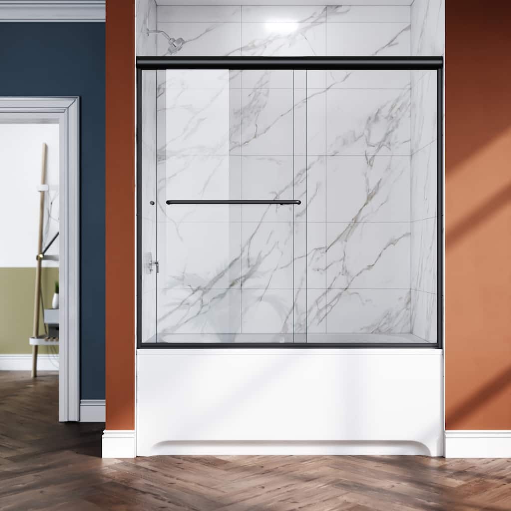 Elegant Double Sliding Shower Doors Screens for Bathtub in Black Finish with 1/4" Clear Glass 60" W x 57" H - 60'' x 57''
