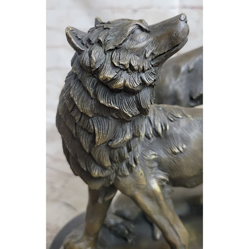 Signed Original Howling Imitative Wolf Bronze Sculpture Marble Base Statue Gift Decor Gift