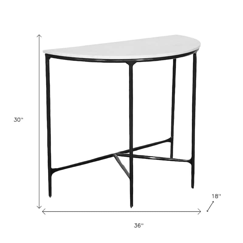 HomeRoots 36" White and Black Genuine Marble and Iron Half Moon Console Table - 36.00 in. x 30.00 in. x 18.00 in.