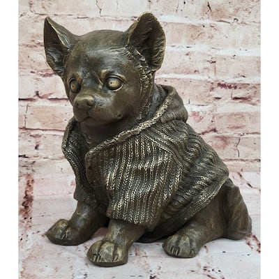 Cute Chihuahua Imitative Dog In Hooded Sweater Bronze Sculpture Figurine Statue Hot Cast