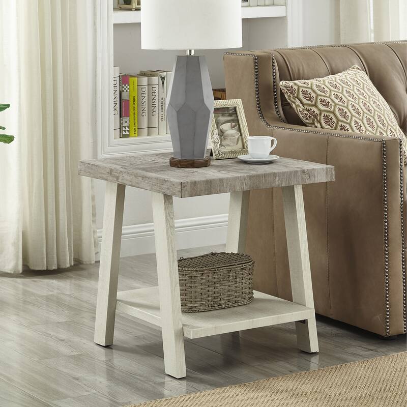24" Modern Round End Table with Storage Shelf and Overextended Rectangular Top - Multicolor2