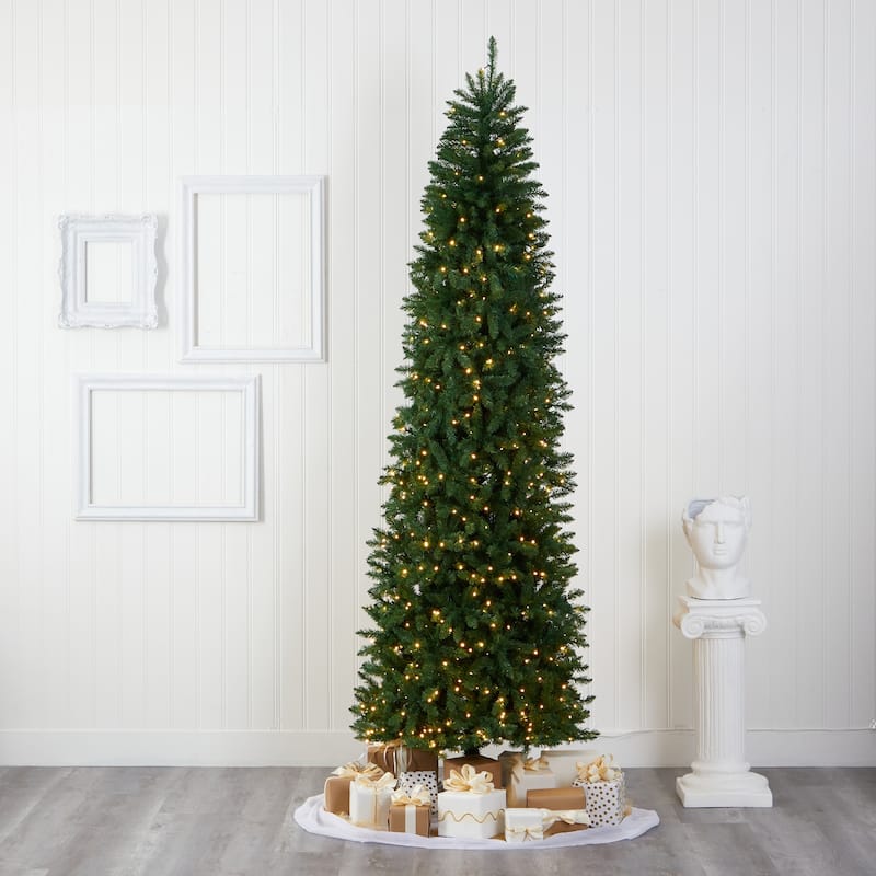 9ft Artificial Christmas Tree Slim Pencil Tree, Prelit Green Pine Tree with Metal Stand, Holiday Decor - 108