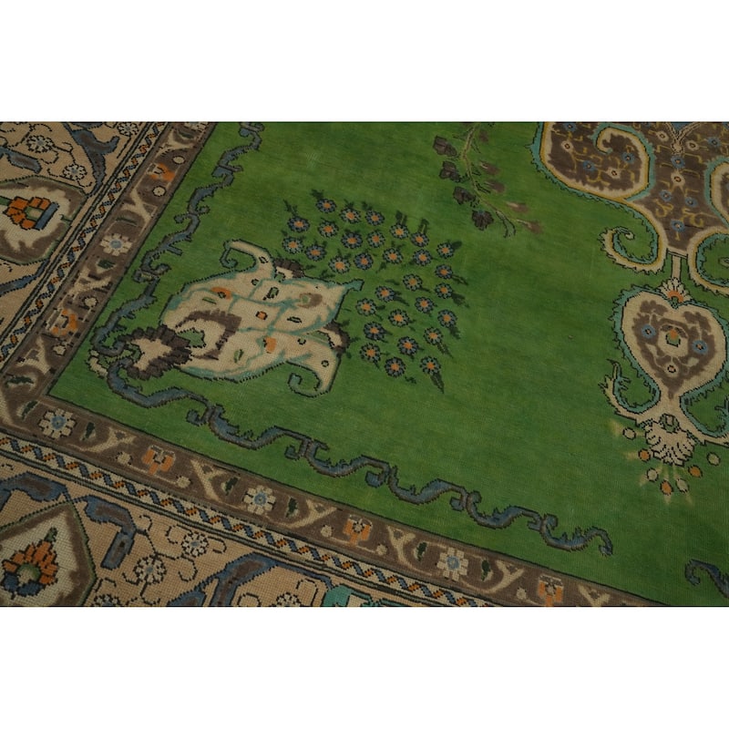 Hand Knotted Oriental 100% Wool Carpet Traditional Medallion Green Tabriz Area Rug - 13' 0'' X 9' 8''