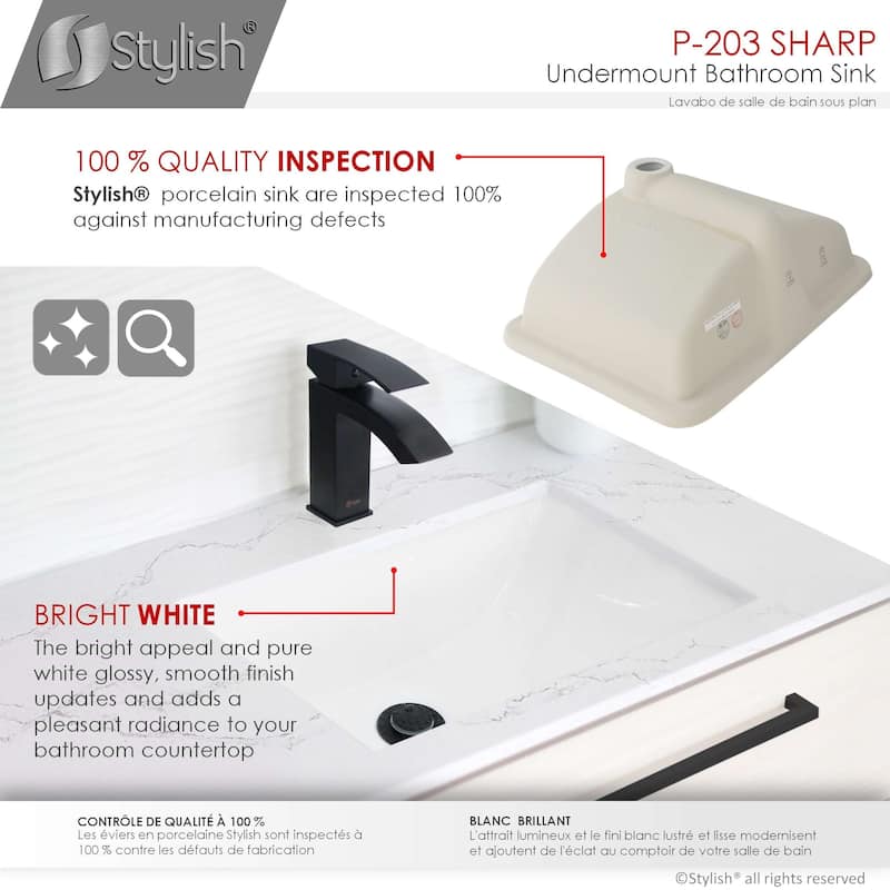 STYLISH Porcelain Rectangular 21 inches Undermount Ceramic Bathroom Sink with Overflow