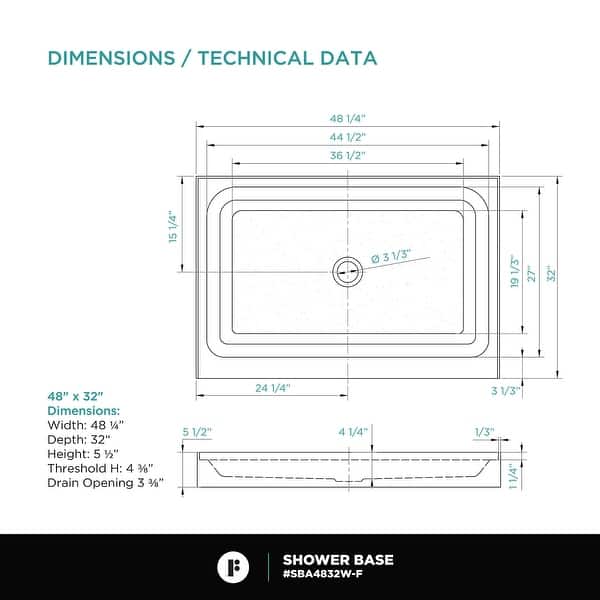 dimension image slide 7 of 9, Fine Fixtures Single Threshold Acrylic Shower Base - Non-Slip Textured Surface Shower Floor Pan