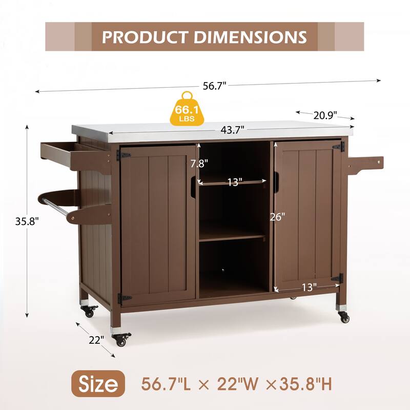 EROMMY Outdoor Kitchen Island on Wheels, Solid Cedar Wood Grill Cart with 201 Stainless Steel Top & 3‑Tier Storage - Wood Color