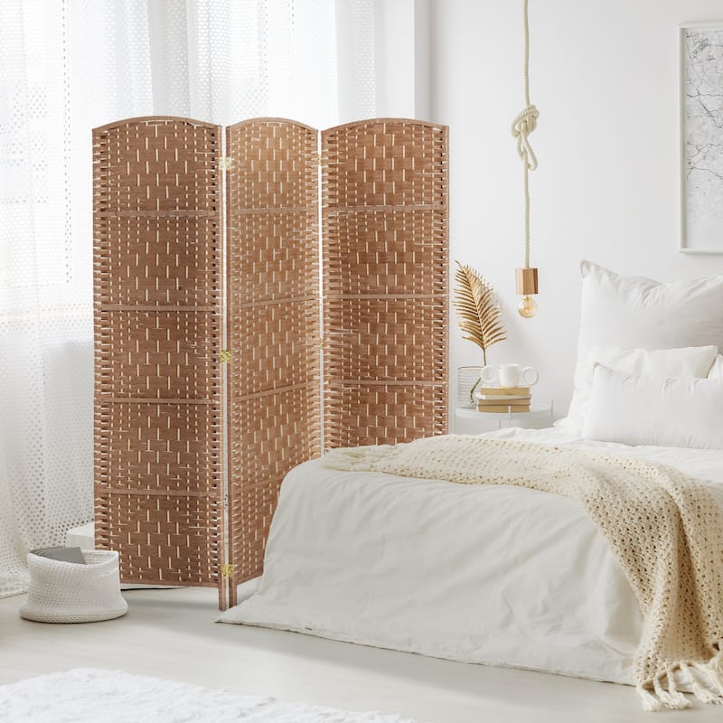 HomCom 6' Tall Wicker Weave Three Panel Room Divider Privacy Screen - Natural Blonde Wood - blonde wood