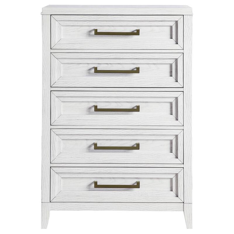 Leva Tall Dresser Chest, Distressed White Acacia Wood, 5 Drawers