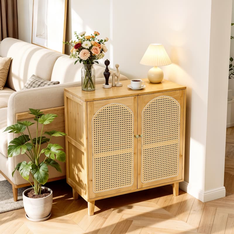 Rattan Buffet Cabinet with Storage Table Accent Sideboard with Doors - 29.5x15.3x32.2 inch