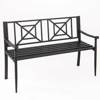 Black Metal Garden Bench with Curved Seat, Armrests and Decorative Backrest - 21" L x 51" W x 33" H