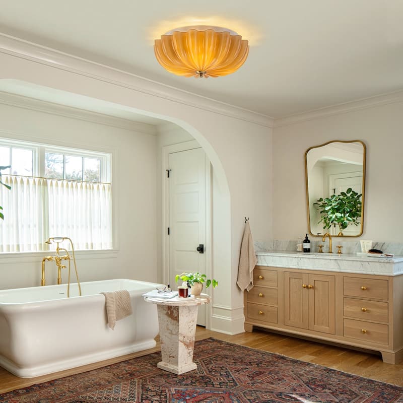 Caramel Brown Art Glass Flower Scalloped Round Ceiling Light - 11.8 Inches