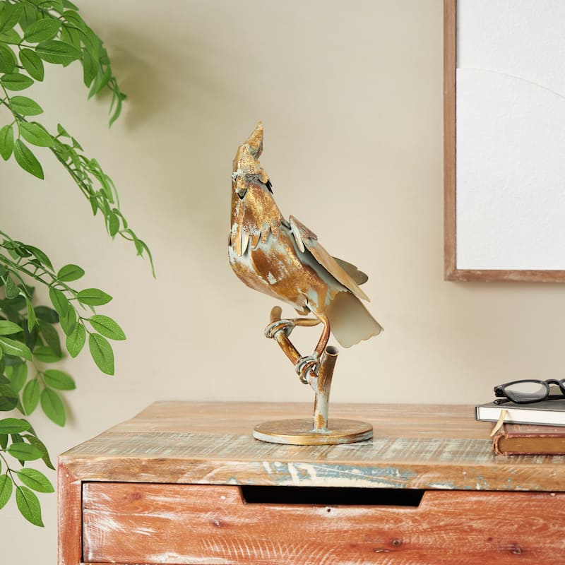 Bronze Metal Patina Parrot Decorative Garden Sculpture with Branch Base - Bronze