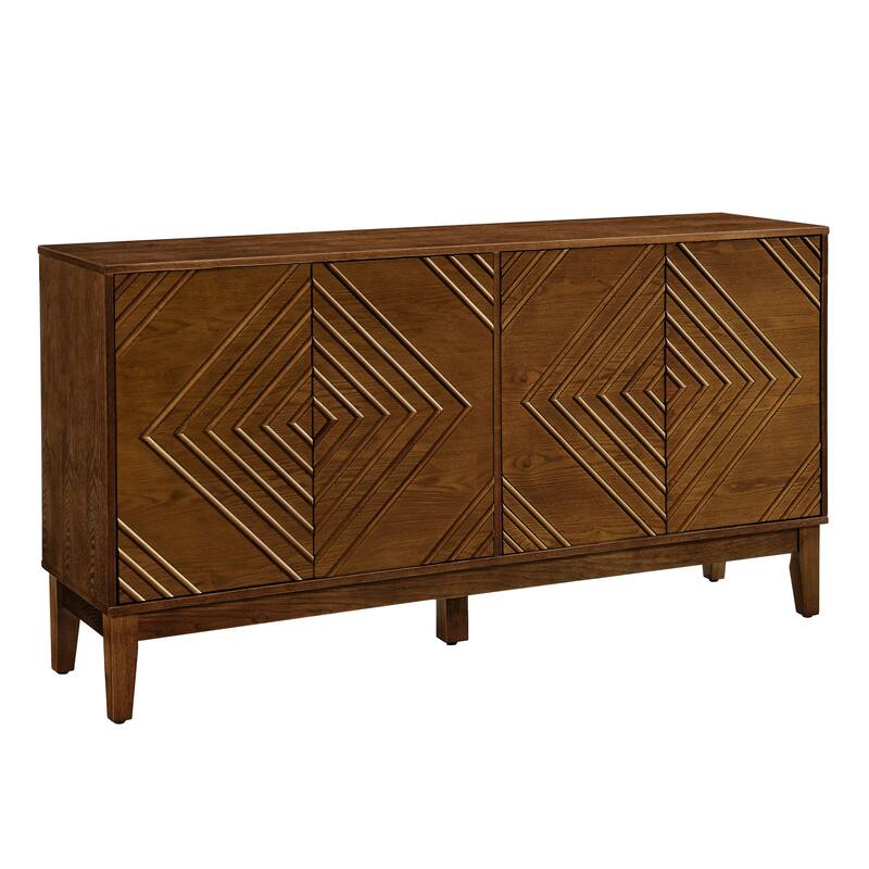 Farmhouse Fluted Buffet Cabinet with Concealed Handle Cabinet Doors for Living Room, Kitchen and Dining Room, Walnut Brown