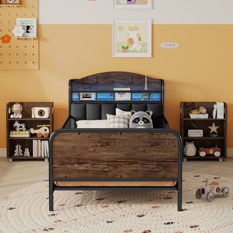 Kids Platform Bed Metal Frame with Linen Fabric Upholstered Storage Headboard Built-in Light Strip, Both Sides Rails