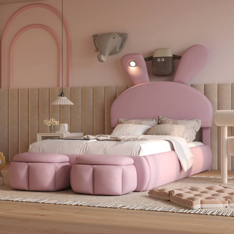 Twin/Full Size Upholstered Platform Bed w/Cartoon Ears Shaped Headboard & Light, Cartoon Twin Bed Frame w/2 Small Storage Stools
