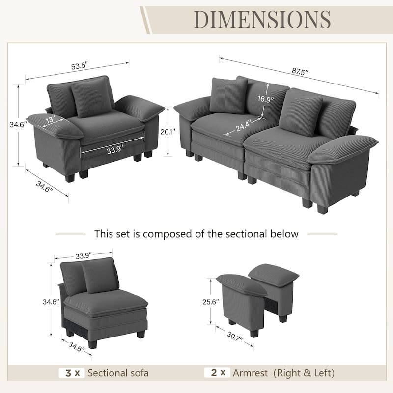 MAISON ARTS 2-Piece Chenille & Corduroy Sofa Set, Comfy 3/4/5-Seater Modular Loveseat & Armchair with Throw Pillows