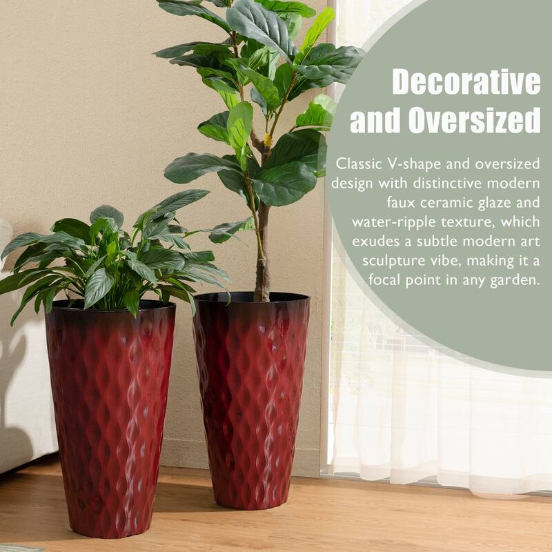 Glitzhome 23.75"H Set of 2 Oversized Wavy Texture Cobalt Blue/Turquoise/Red Tall Plastic Planter