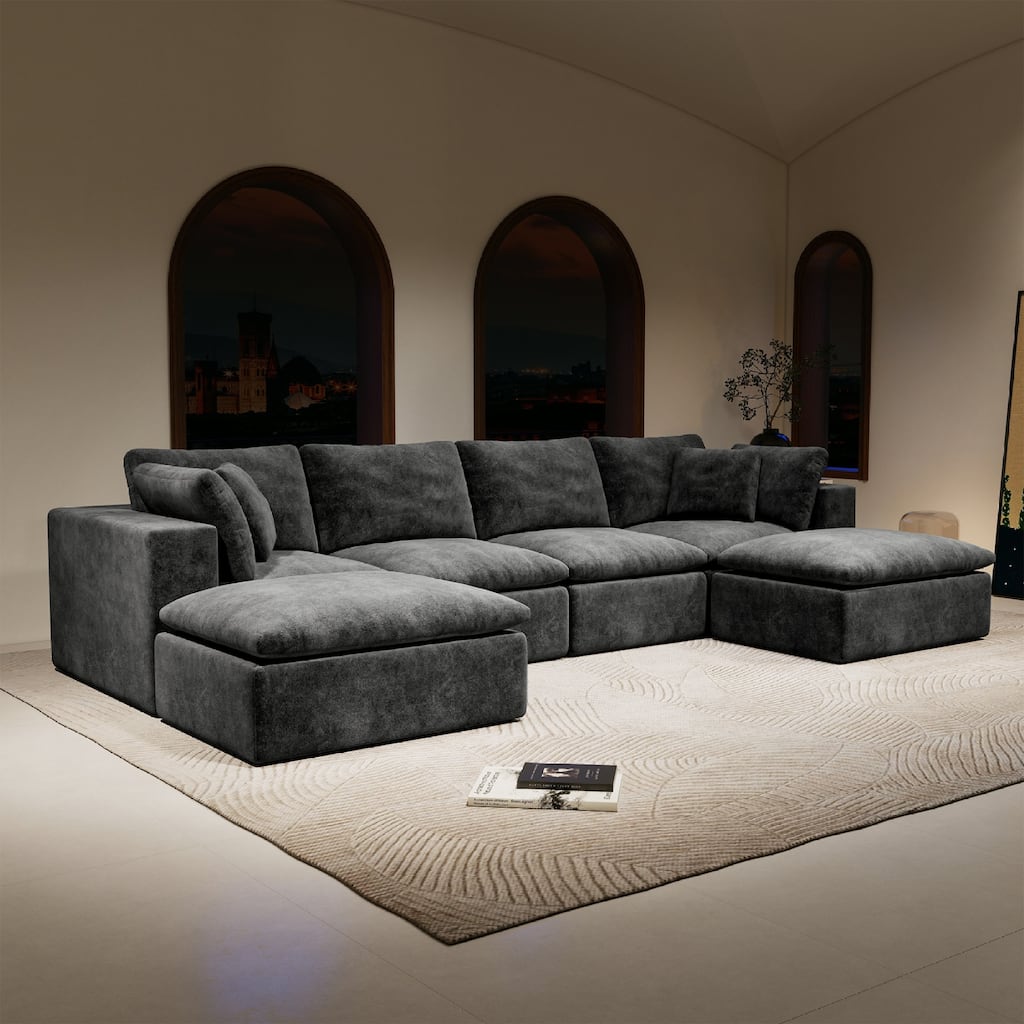 Roomfitters 137.8" Modular Sectional Sofa, 5-Piece Compressed Cloud Couch, No Assembly, Plush Corduroy, Grey