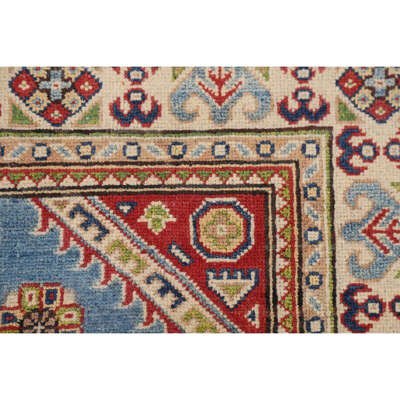 Blue Geometric Kazak Oriental Rug Bedroom Hand-Knotted Wool Carpet - 4'0"x 5'10"