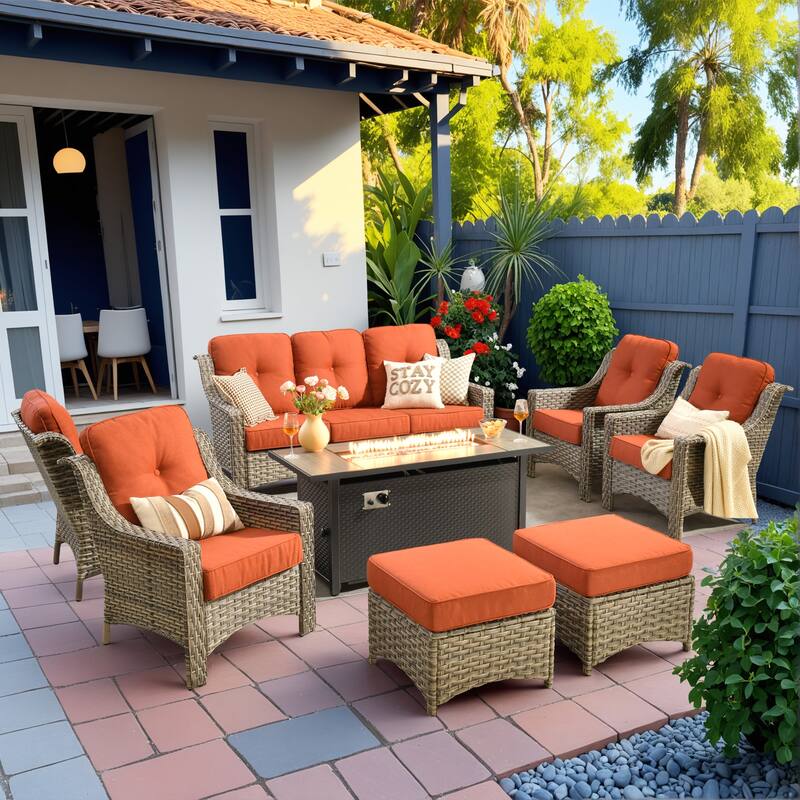 HOOOWOOO 8-piece Patio Wicker Chat Set Outdoor Conversation Sofa Set with Fire Pit - Red