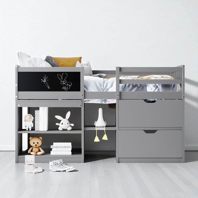 Twin Size Low Loft Bed with Rolling Desk, Storage Drawers and Bookshelf, Pine Wood Frame - Grey - Twin